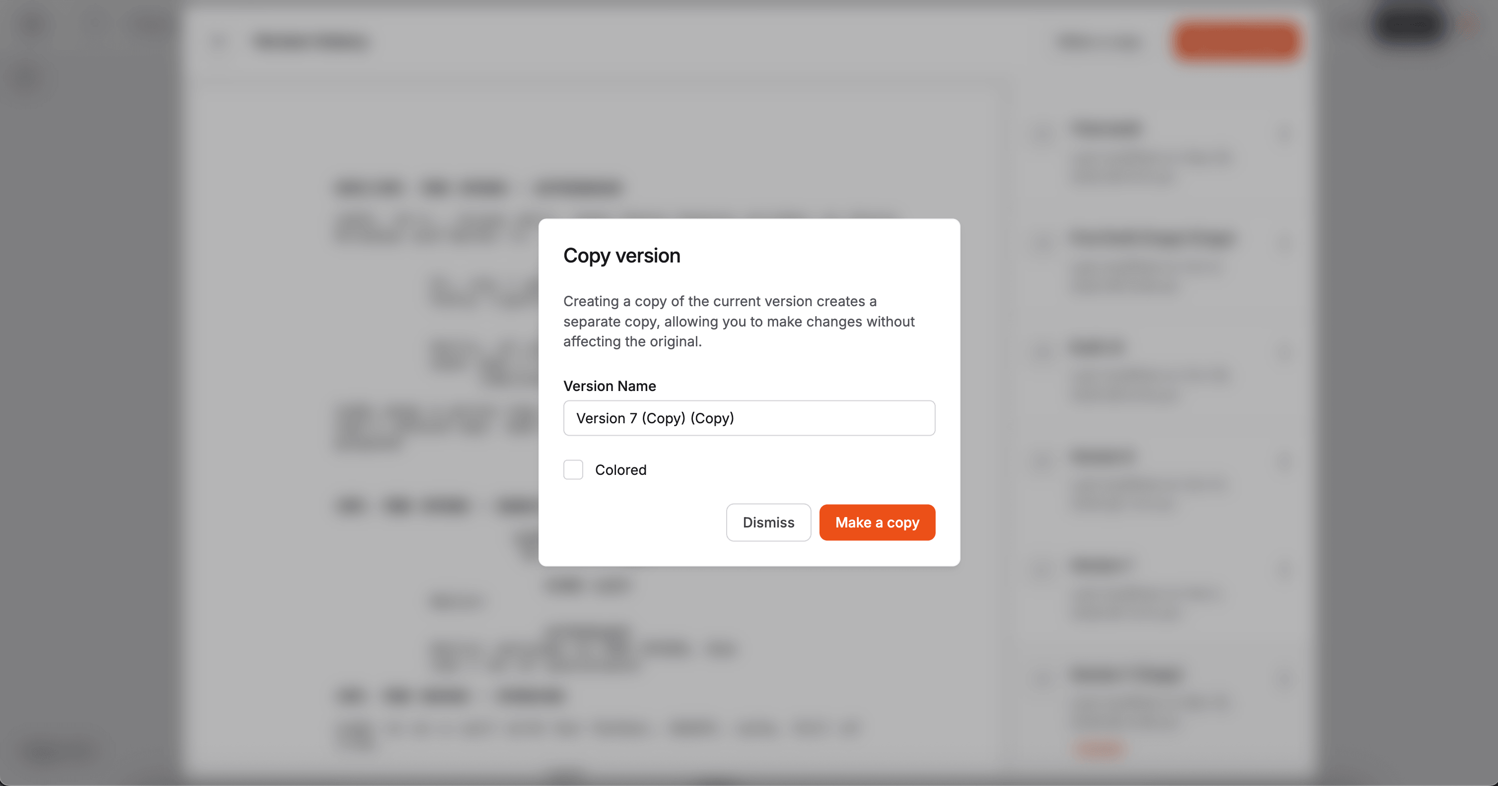 Copy version modal with version name and color option