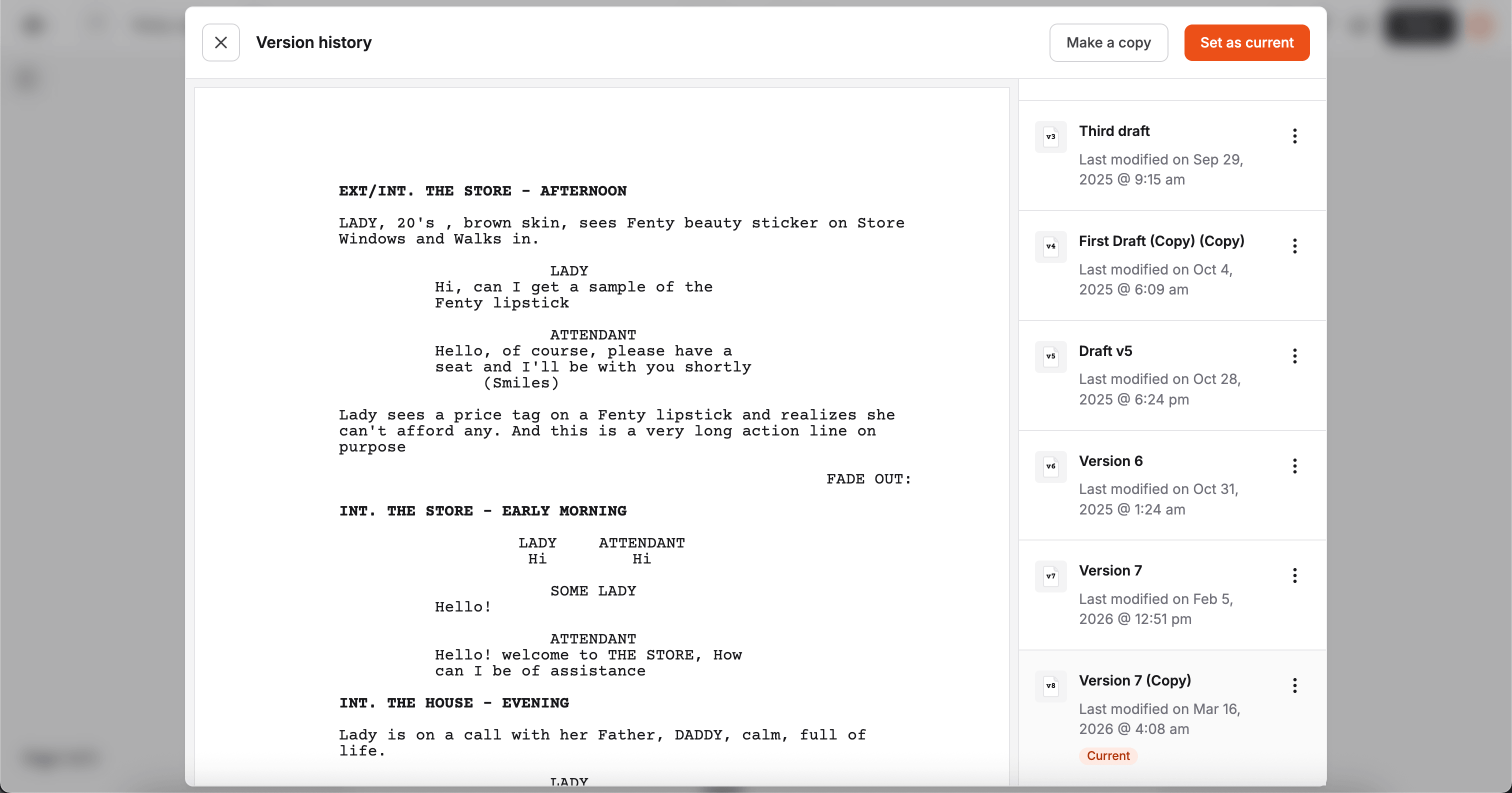Current badge shown on the active version in version history