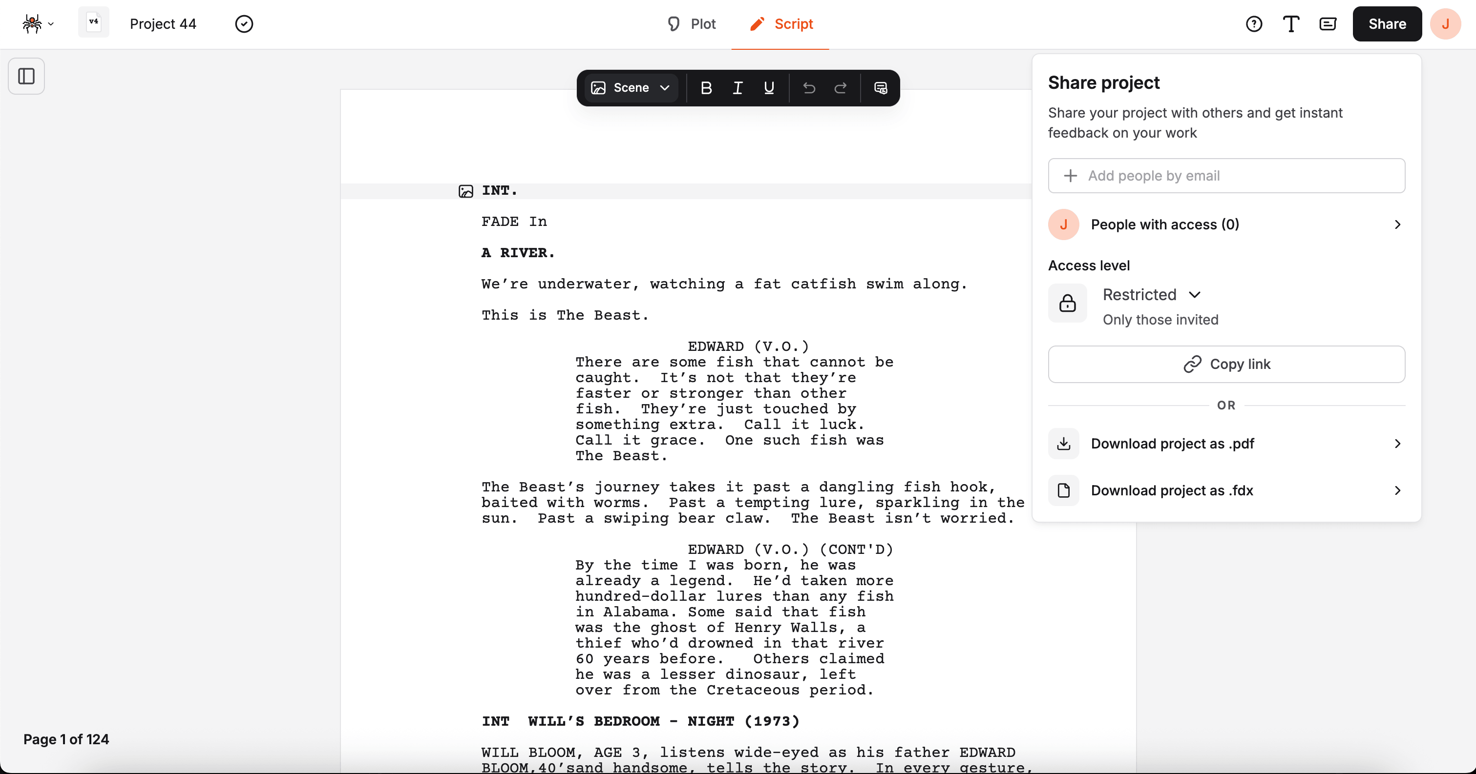 Download project as .fdx button in the Share panel
