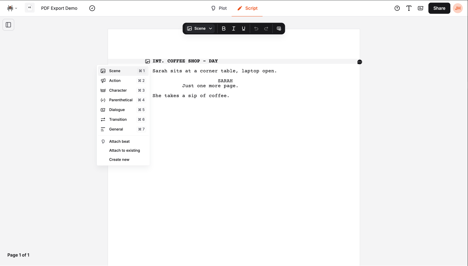 Element menu button next to selected text