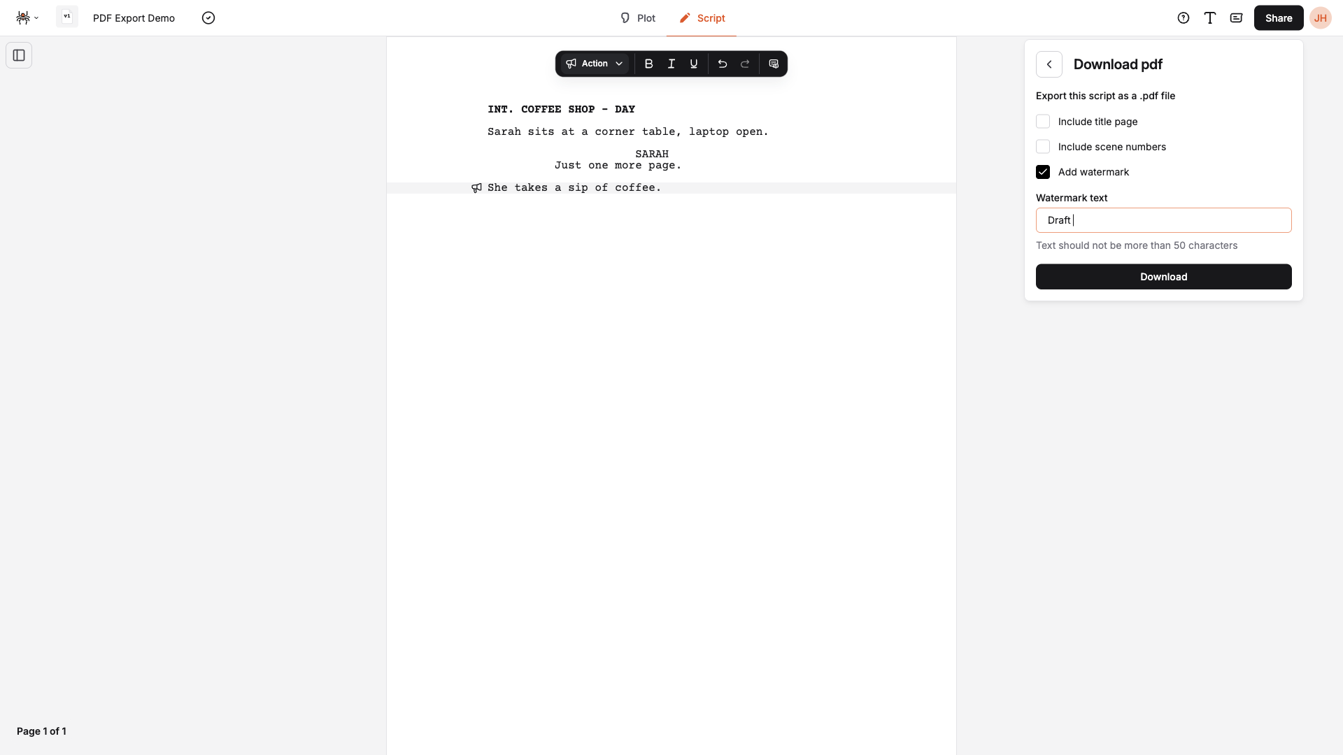 Export content options: title page, scene numbers, and watermark