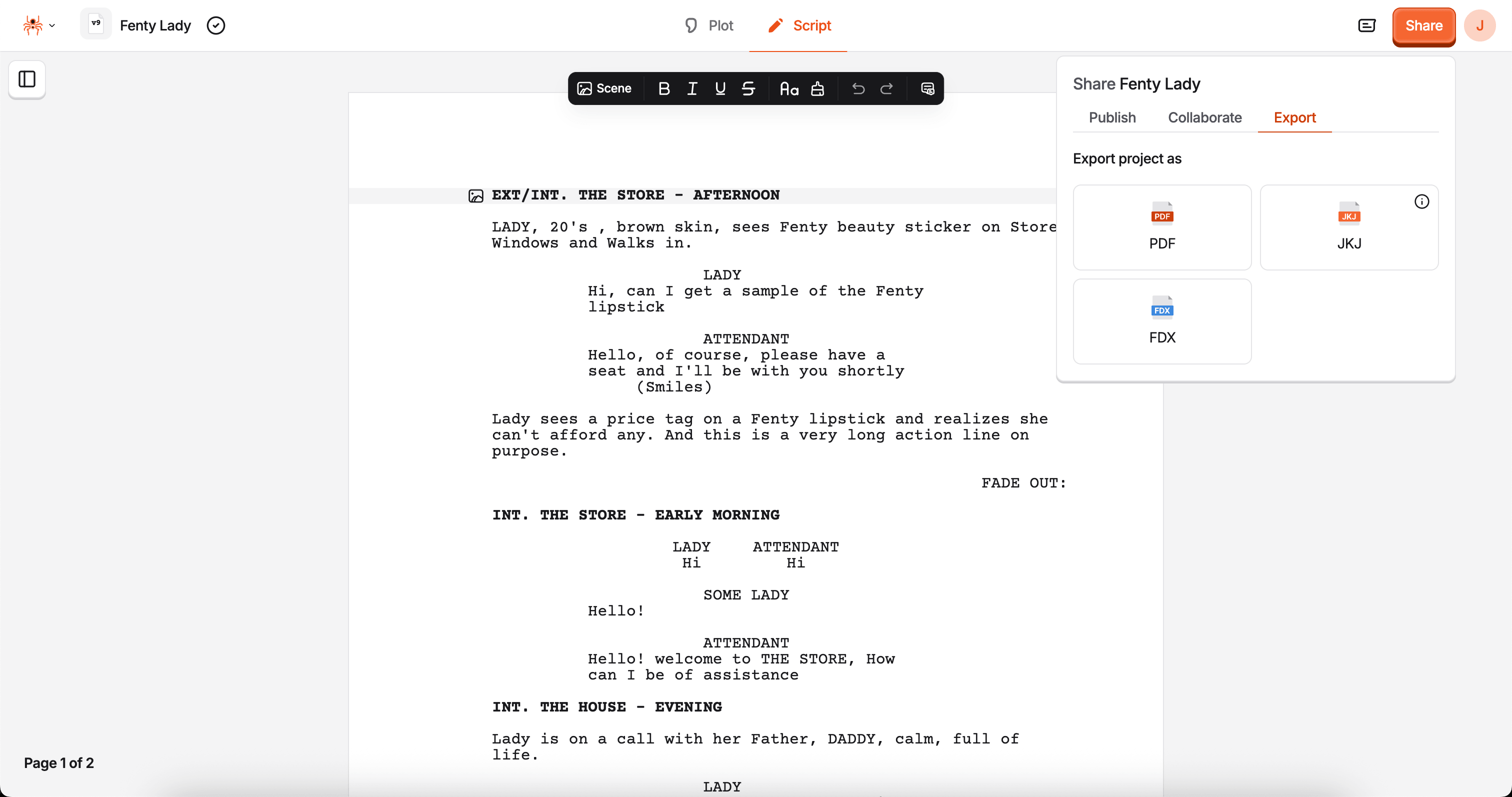 Share panel open on the Export tab, showing PDF, JKJ, and FDX