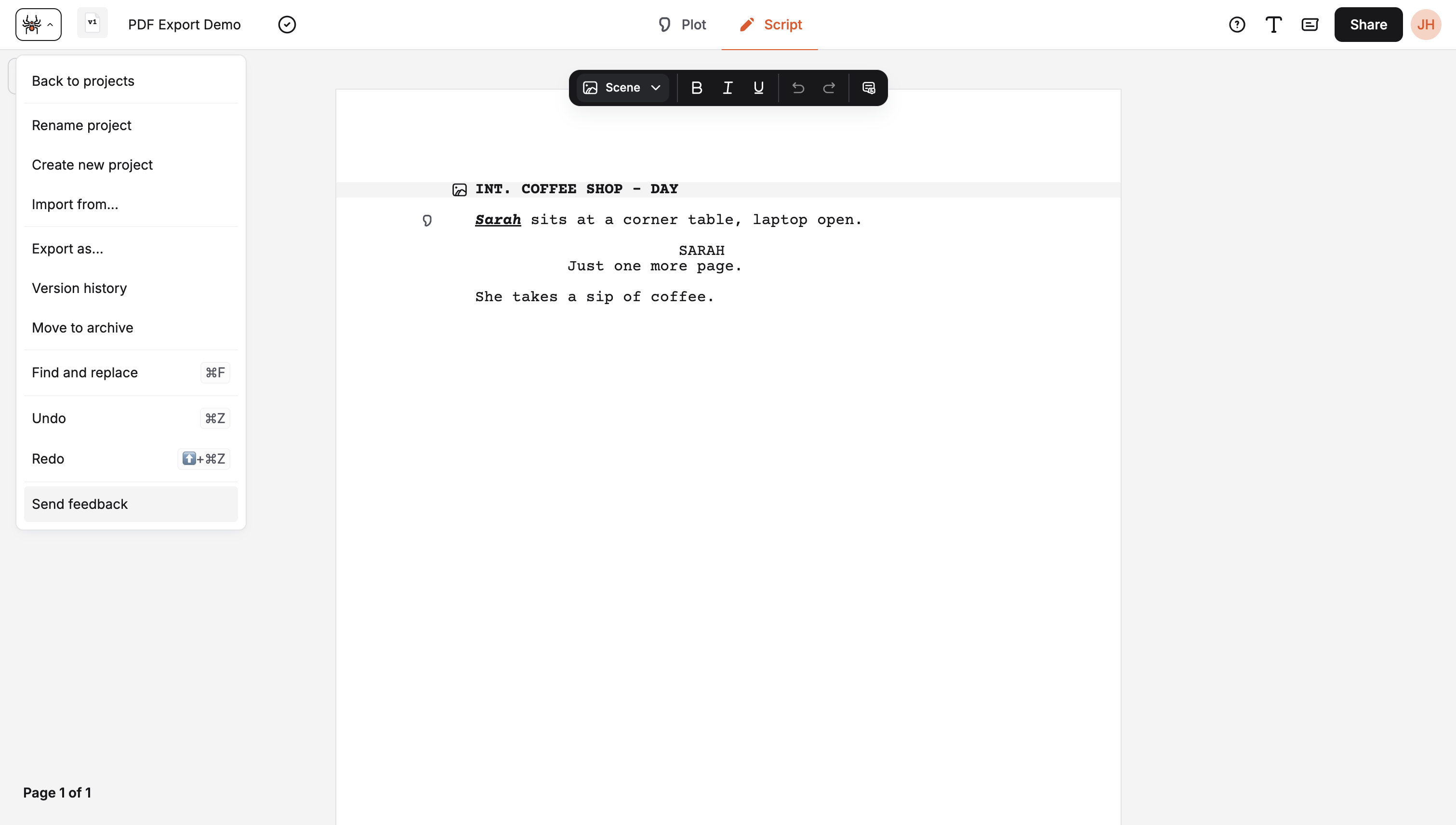 Project menu open with Send feedback at the bottom