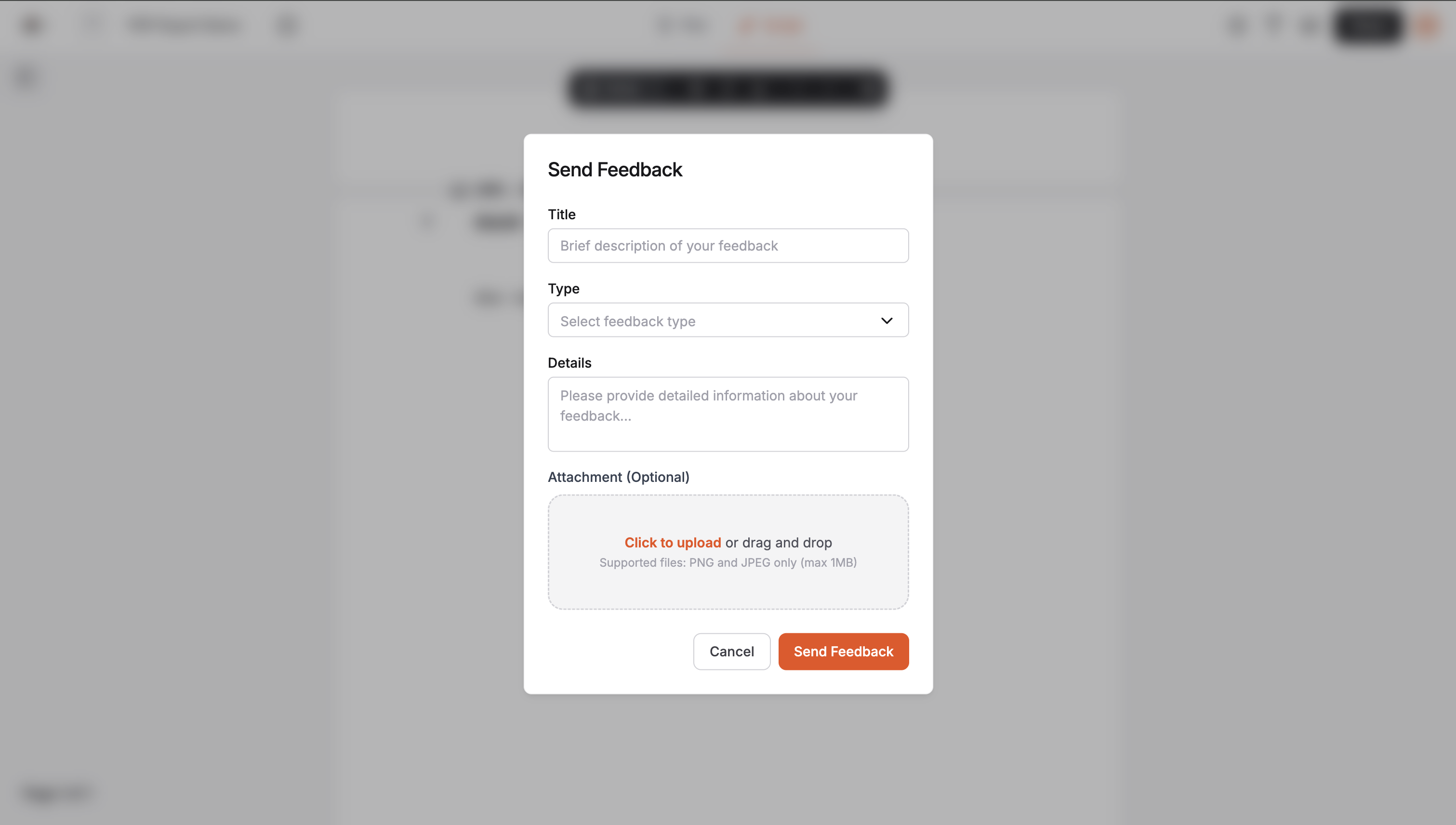 Send Feedback modal with Title, Type, Details, and optional attachment