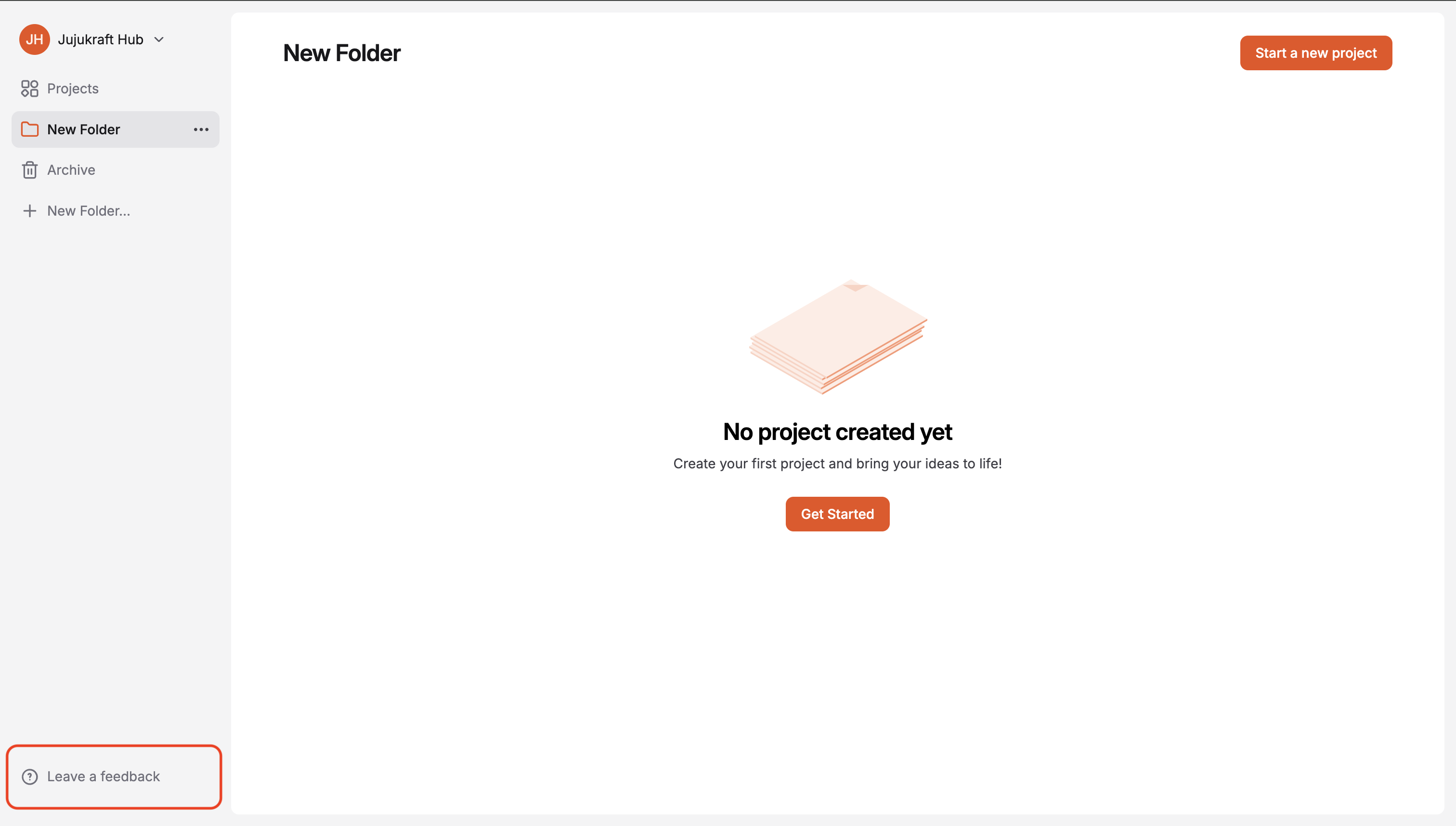 Projects page sidebar with Leave a feedback at the bottom