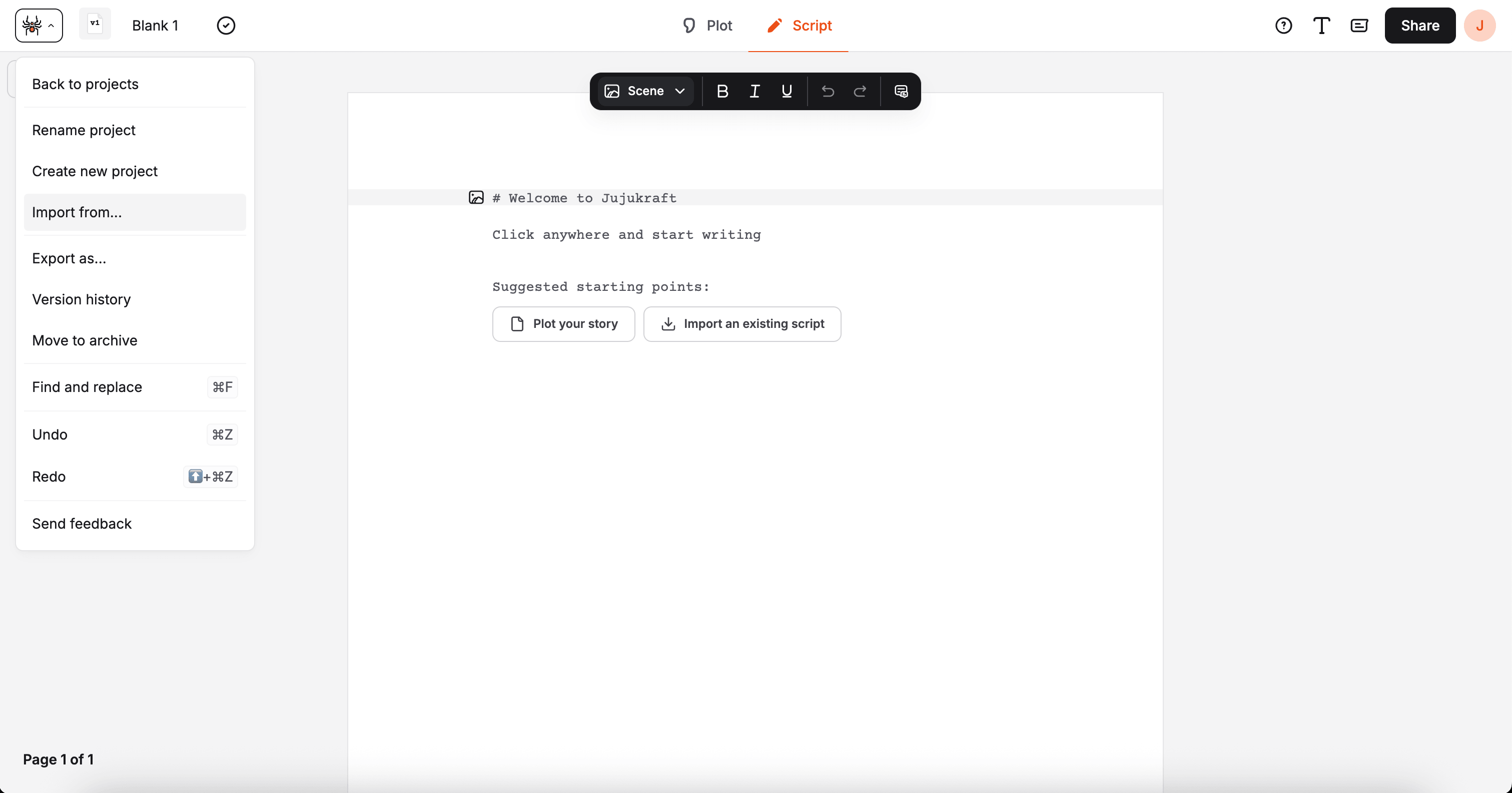 Import screenplay dialog with drag and drop upload area