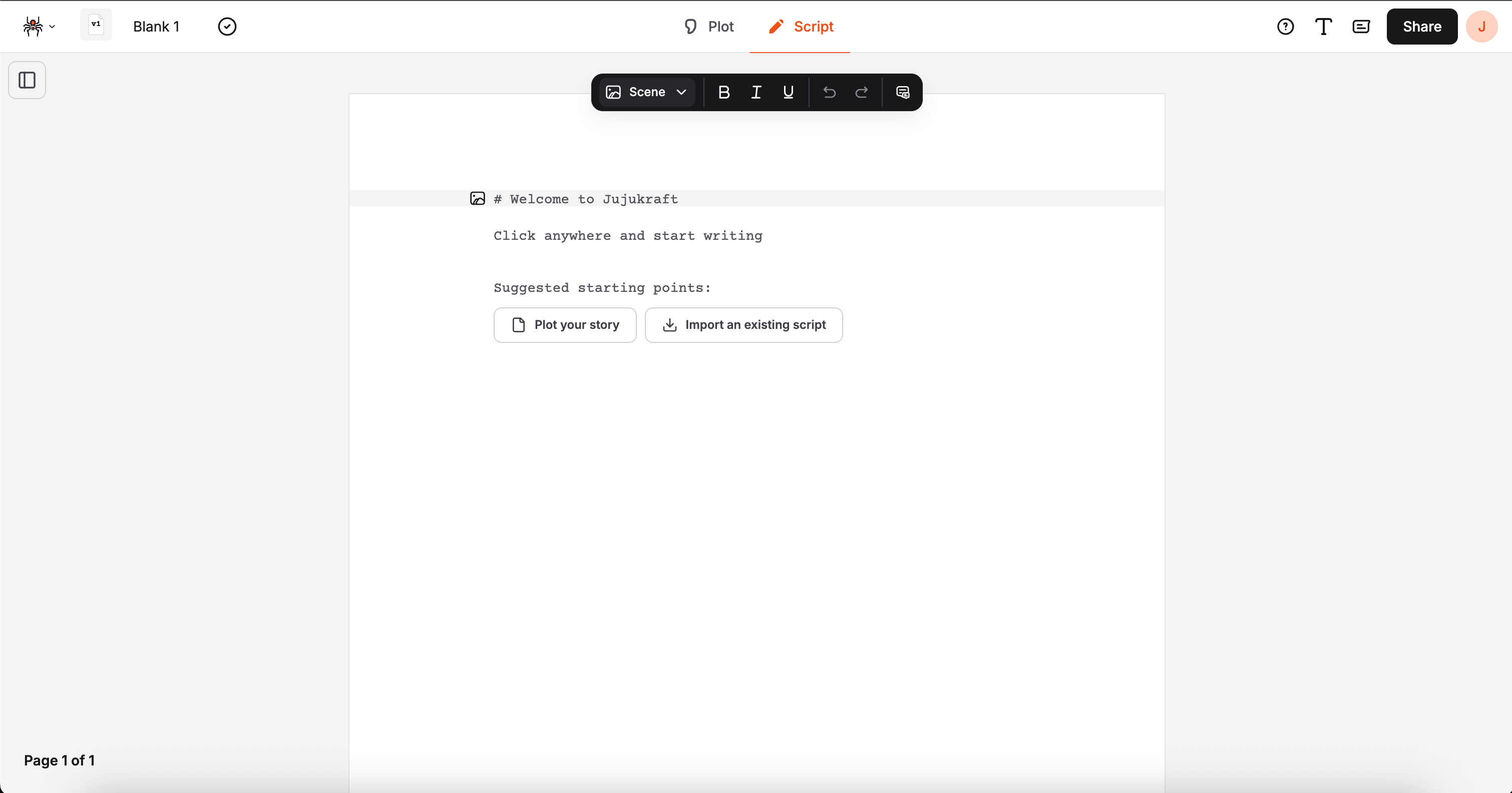 Import screenplay option in the script editor menu