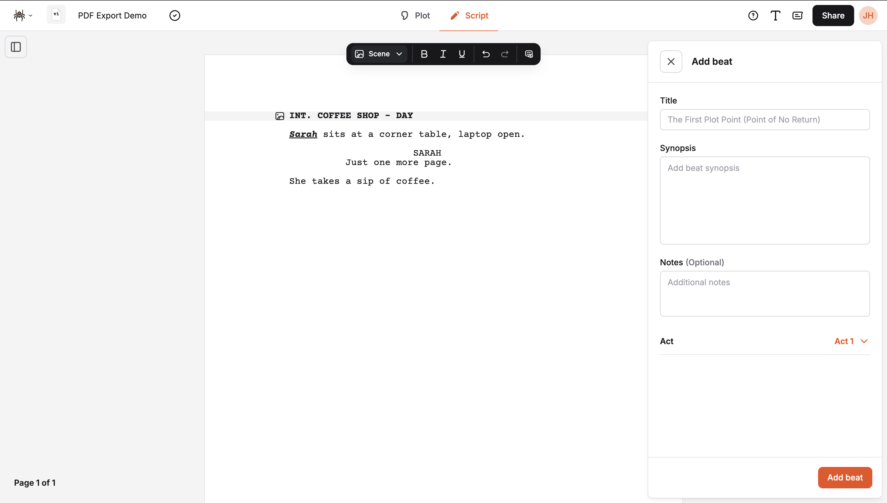 Creating new beat from element menu