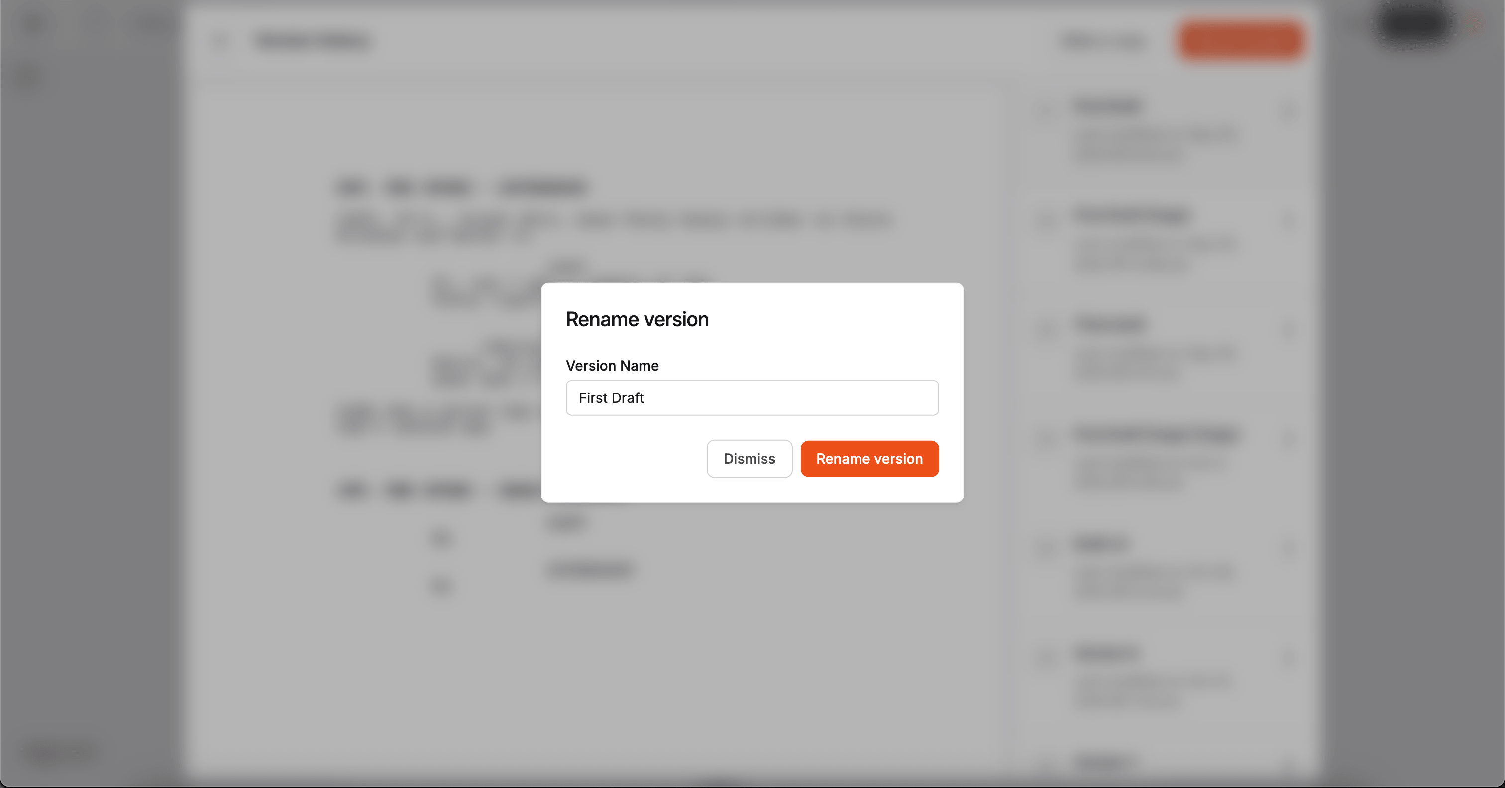 Rename version modal with version name input