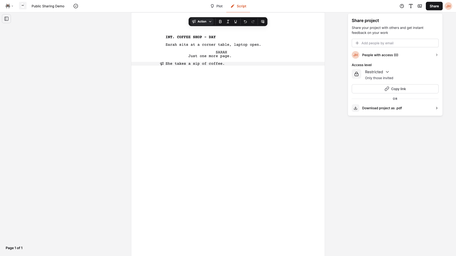 Share button and Share panel with Share project
