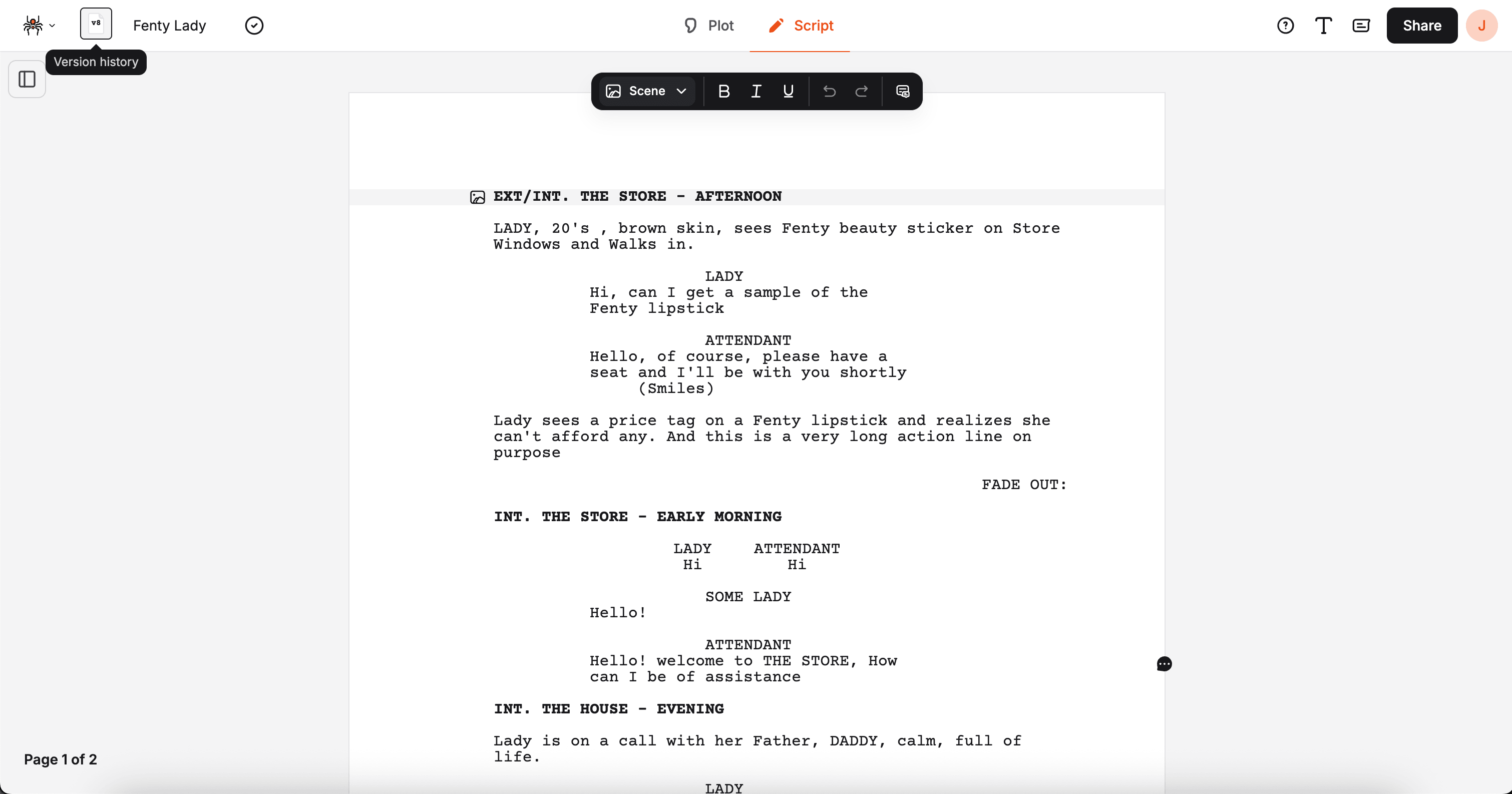 Version history button in the script editor header