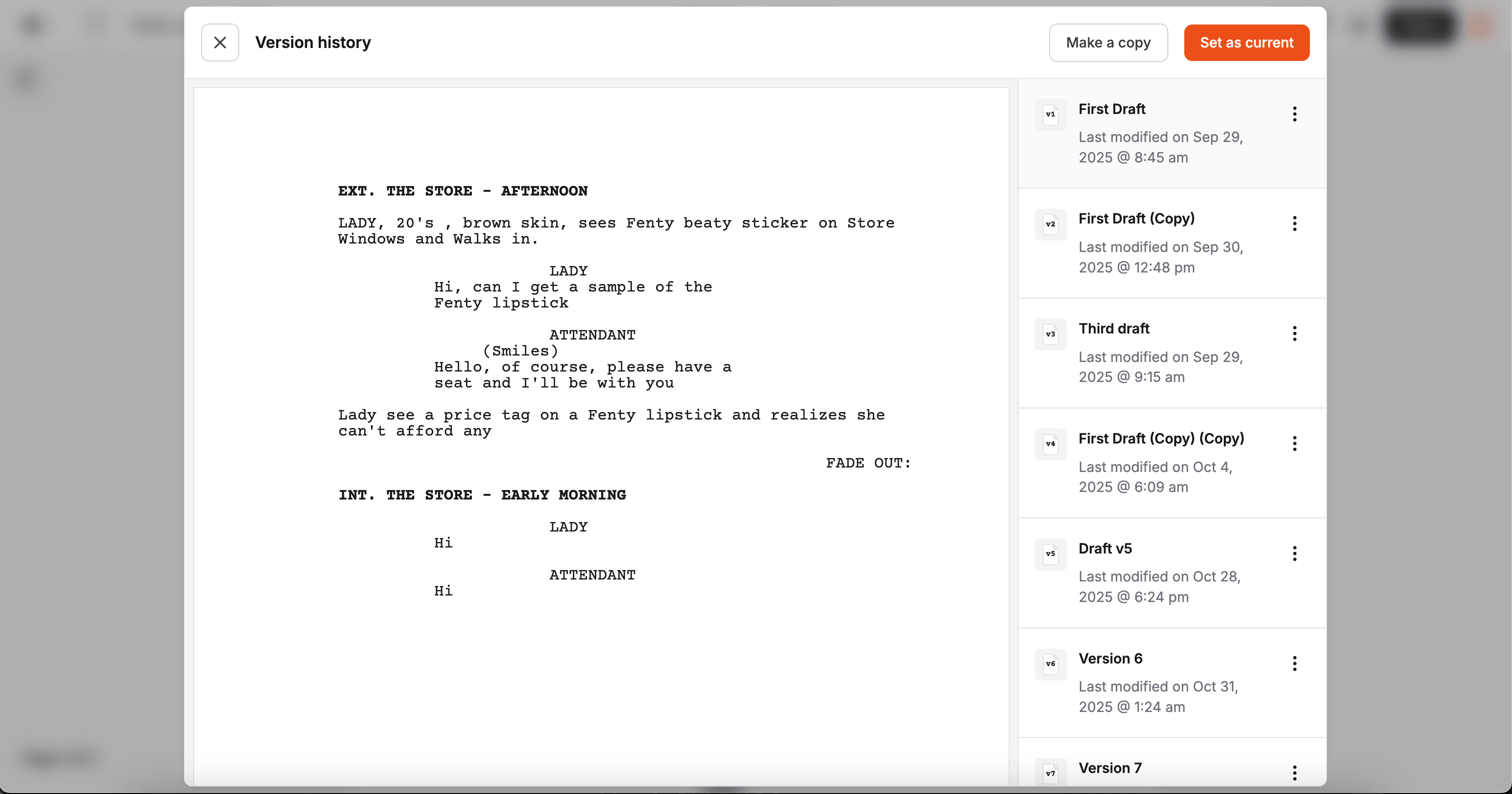 Version history modal with preview panel and version list