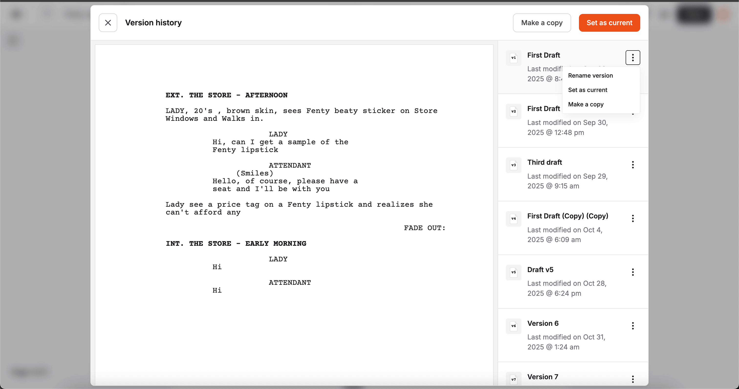 Version row actions menu showing rename, set as current, and make a copy